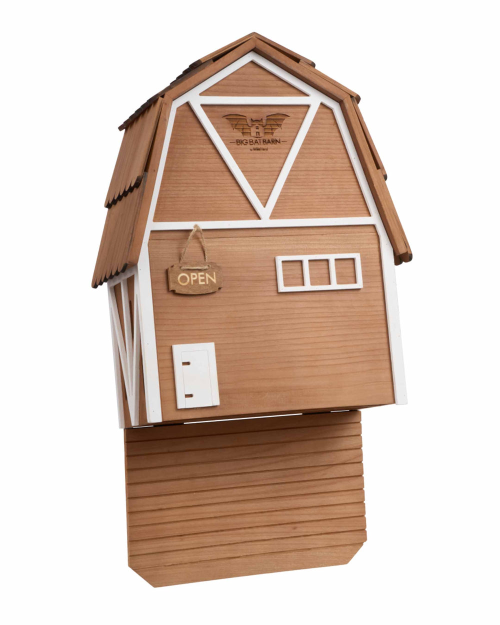 Wooden bat house designed like a small house with a 'Open' sign on a white background