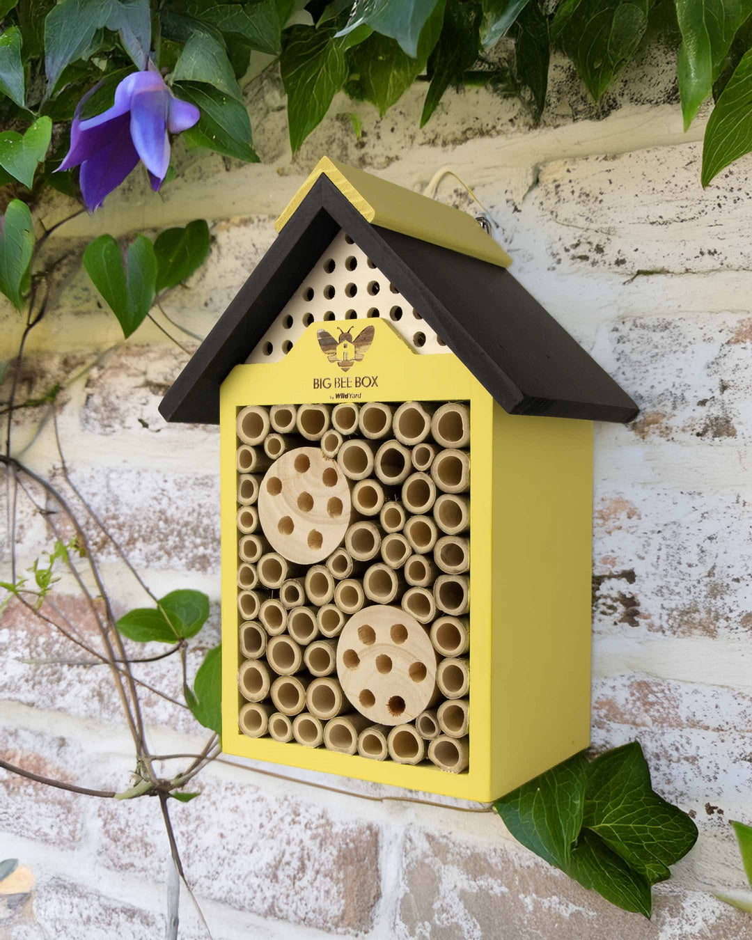 Yellow and brown bee house with visible brand logo on a stone wall background