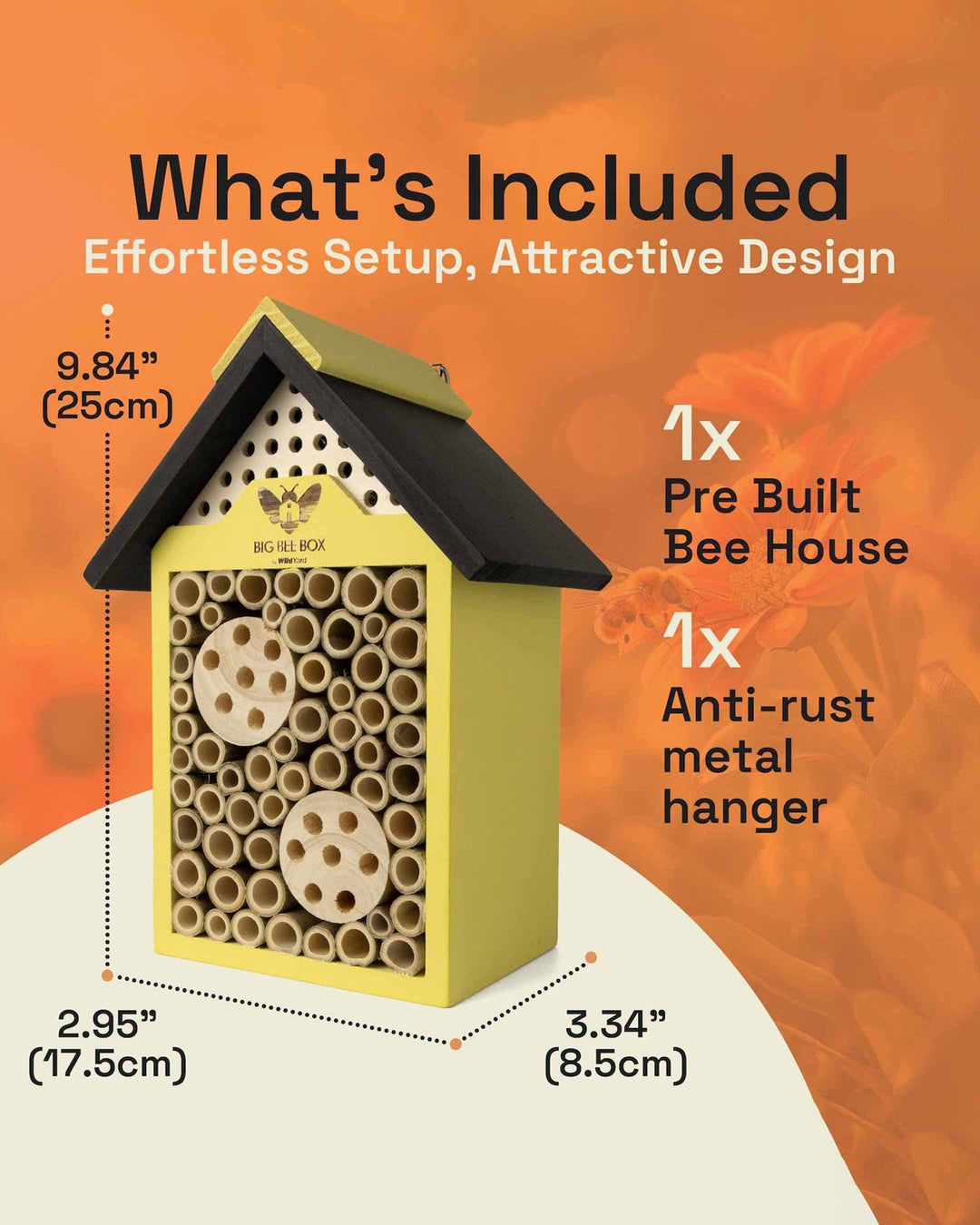 Bee house with dimensions and setup information on an orange background