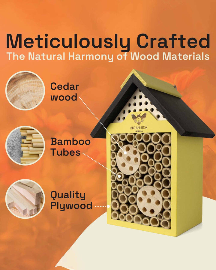 Insect hotel made of wood with text highlighting materials used on an orange background