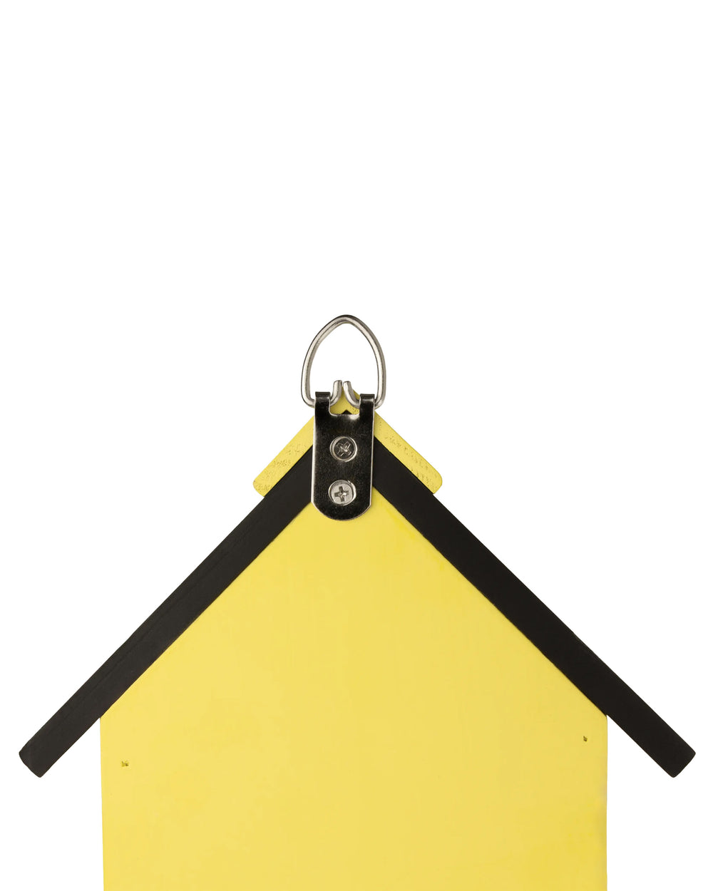 Yellow dog house-shaped keychain with black trim on a white background