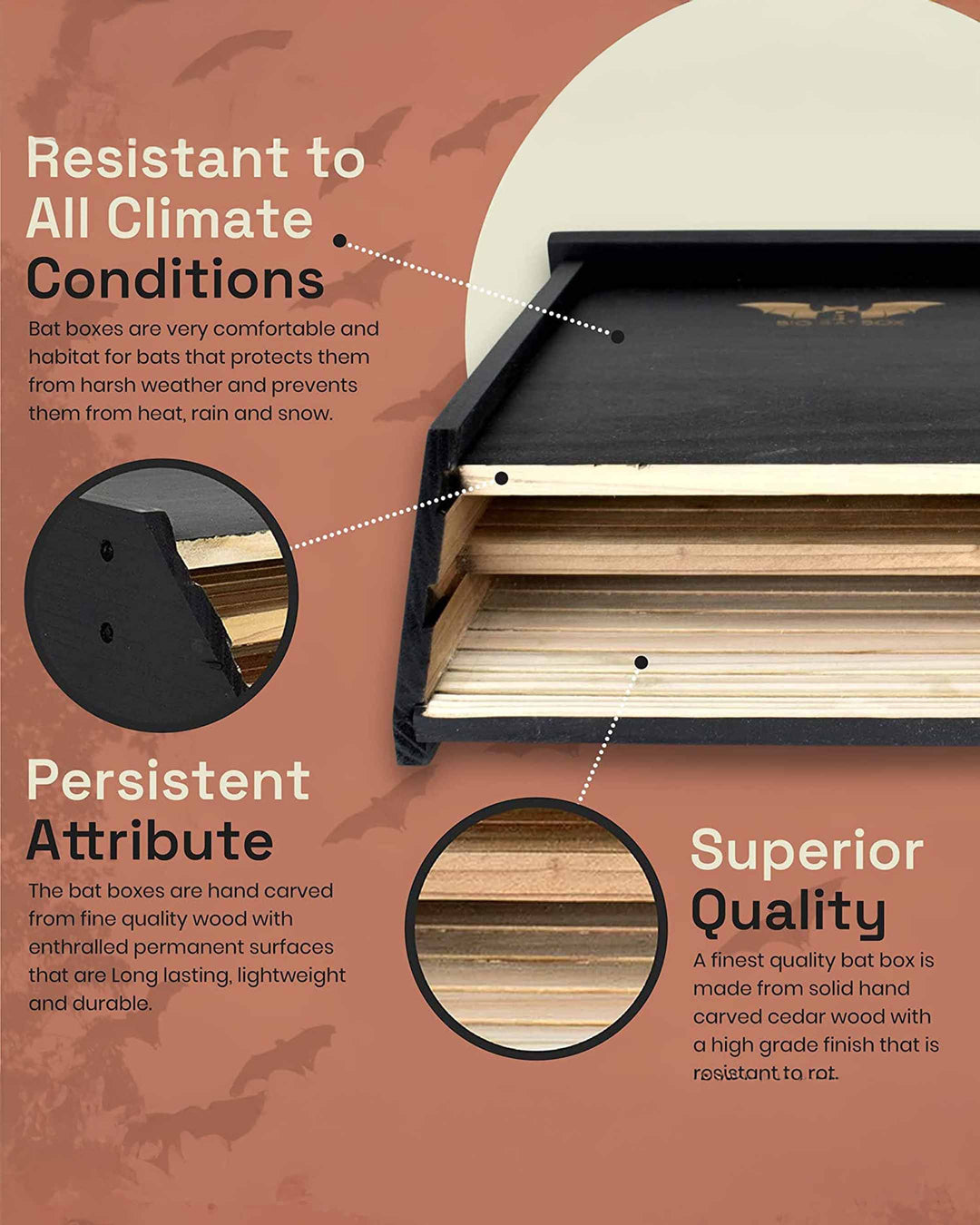 Bat box with text highlighting features like resistance to all climate conditions, superior quality, and durability.