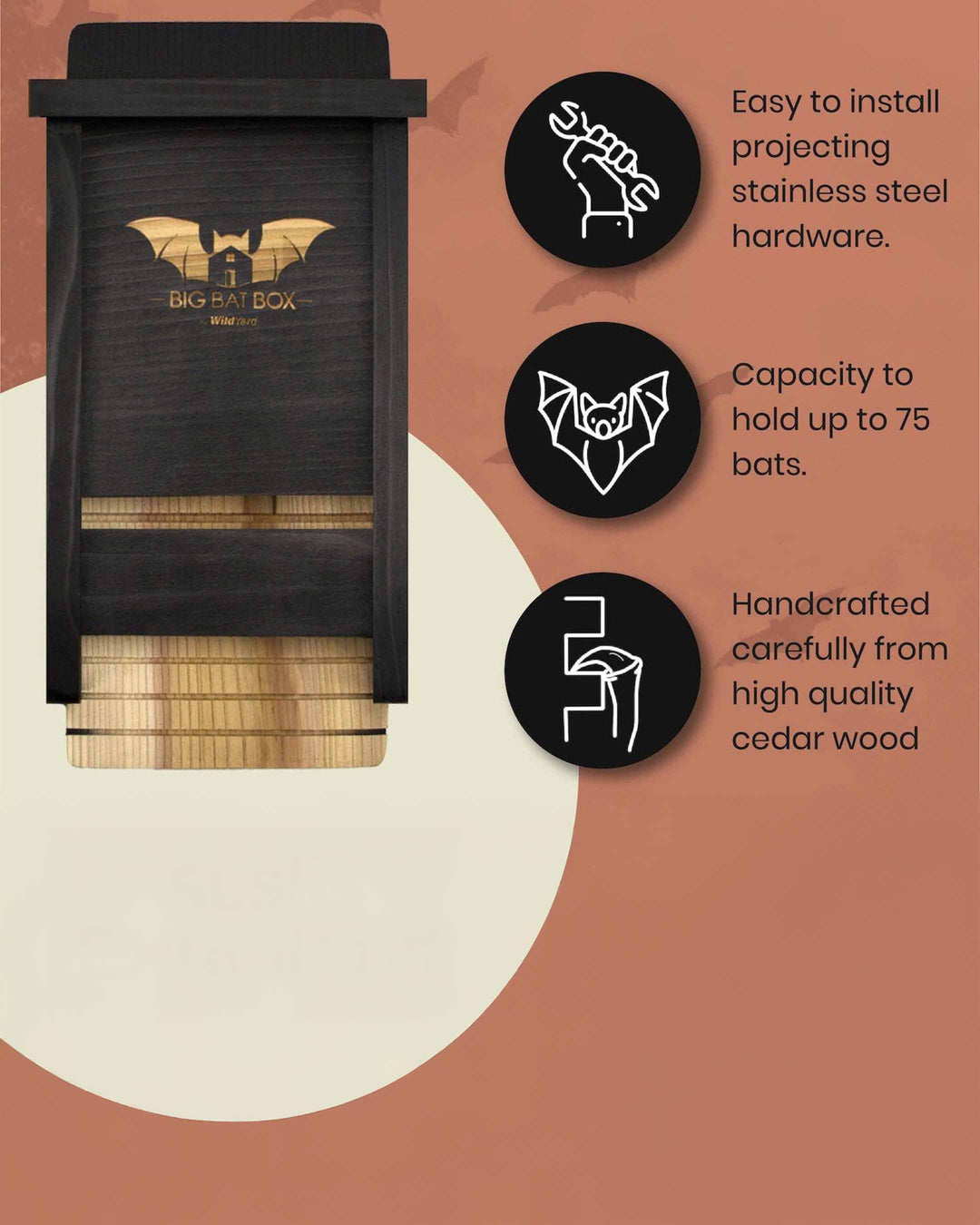Bat house with features listed on a brown background