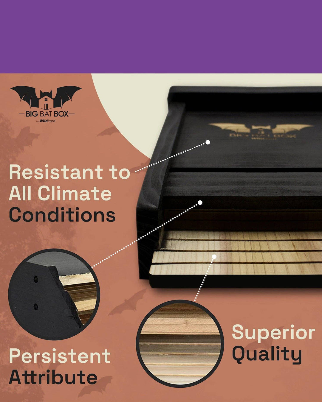 Wooden product with text highlighting resistance to all climate conditions and superior quality, branded as Big Bat Box.