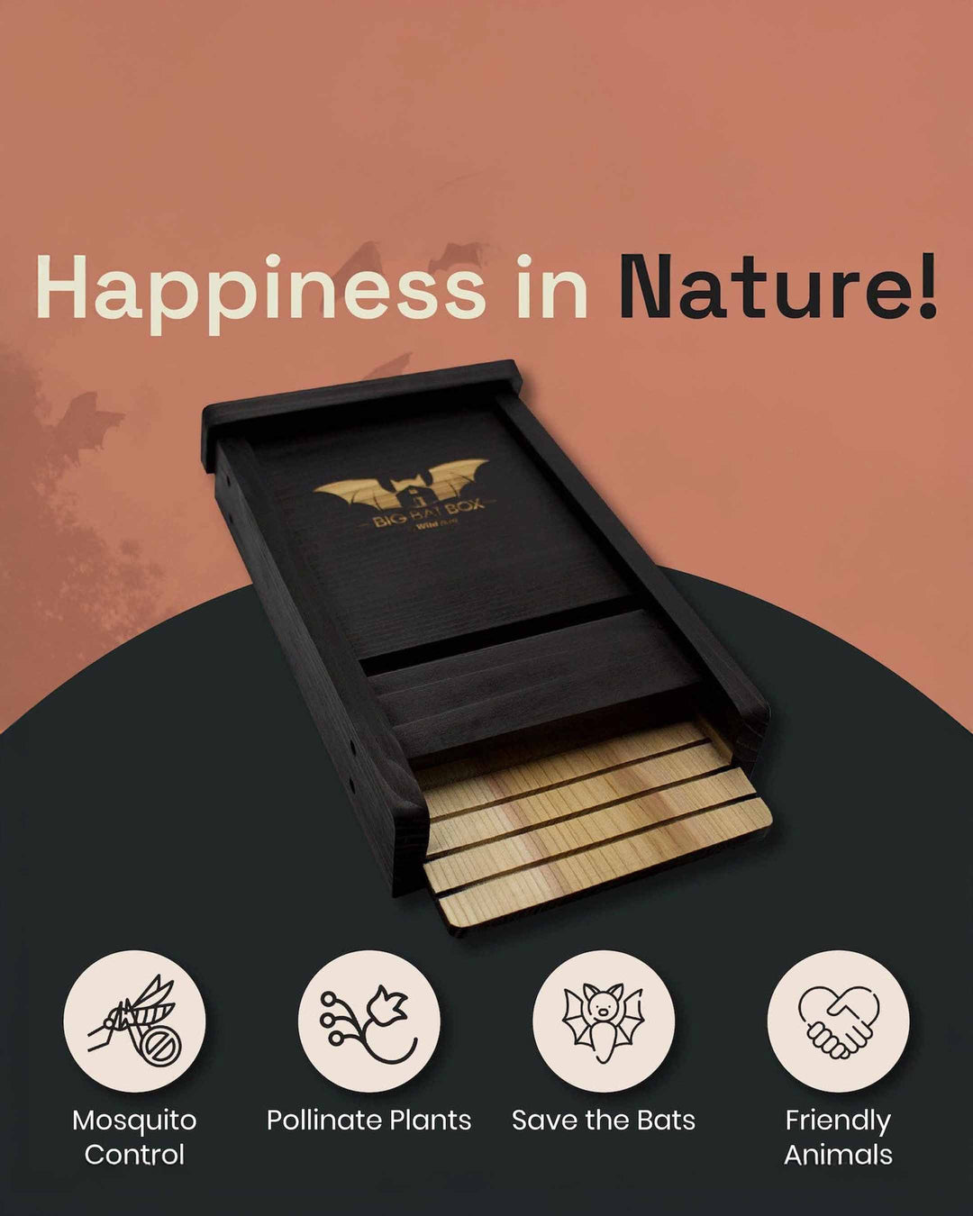 Wooden product with brand logo on a brown background, featuring text 'Happiness in Nature!' and icons for mosquito control, pollinate plants, save the bats, and friendly animals.