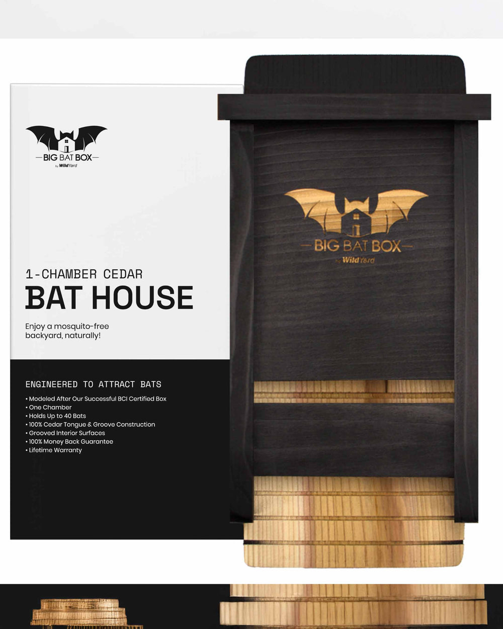 Wooden bat house with packaging displaying 'Big Bat Box' branding.