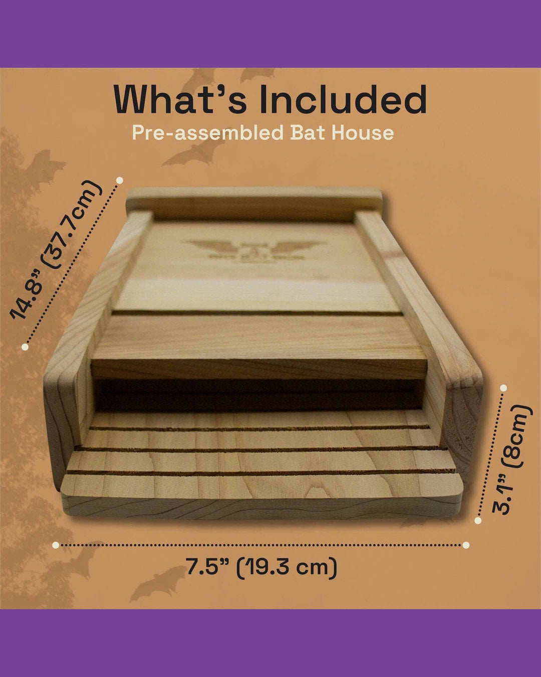 Pre-assembled bat house with dimensions on a brown and purple background