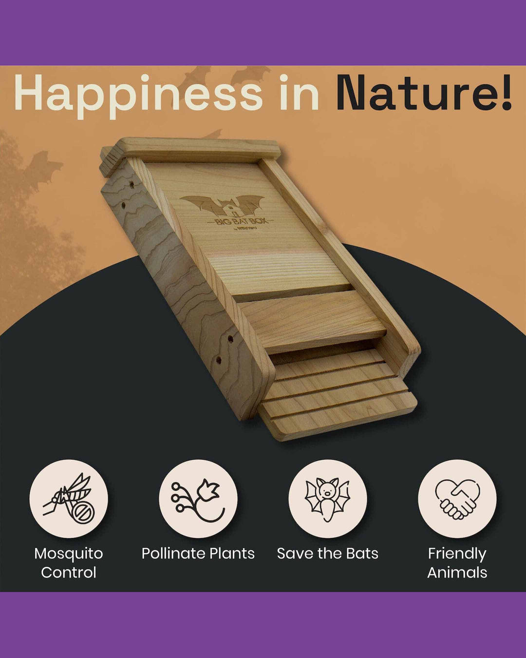 Wooden bat house with brand logo on a purple and brown gradient background, featuring text 'Happiness in Nature!' and icons for mosquito control, pollinate plants, save the bats, and friendly animals.