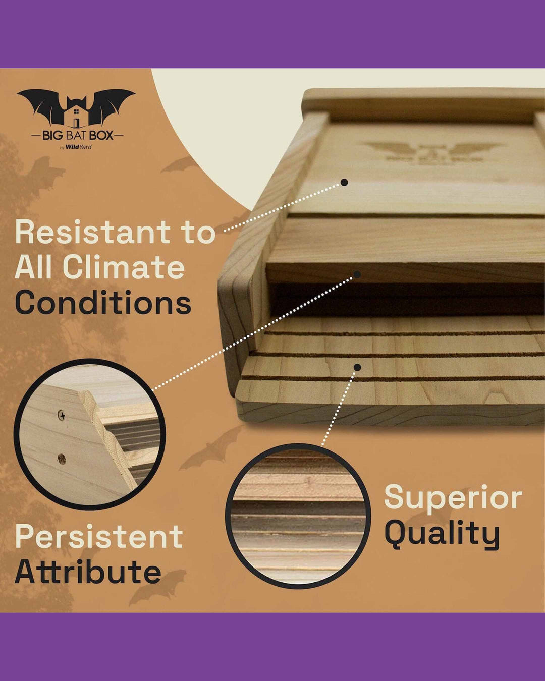 Wooden bat box with text highlighting resistance to all climate conditions and superior quality on a brown and purple background.