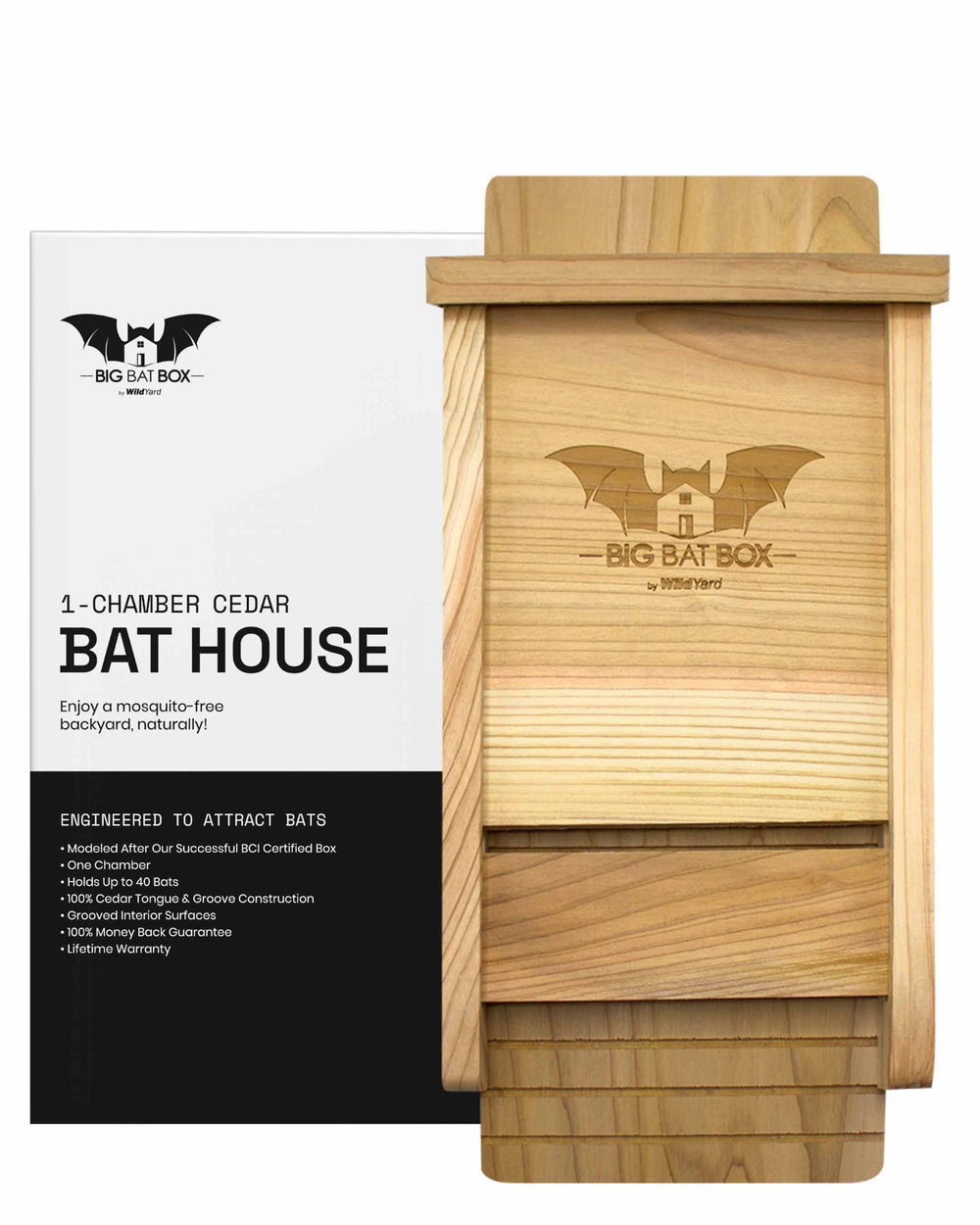 Wooden bat house with packaging on a white background