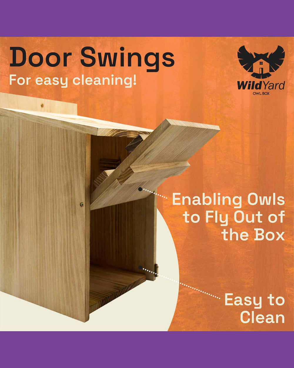 Wooden owl box with open door on an orange and purple background, featuring text about easy cleaning and enabling owls to fly out.