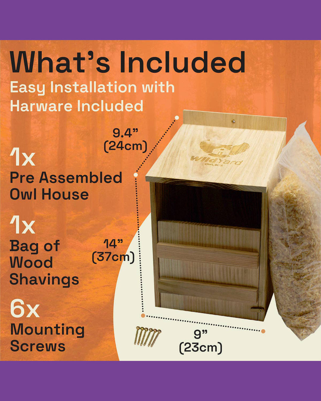 Wooden owl house kit with dimensions and included items on an orange and purple background