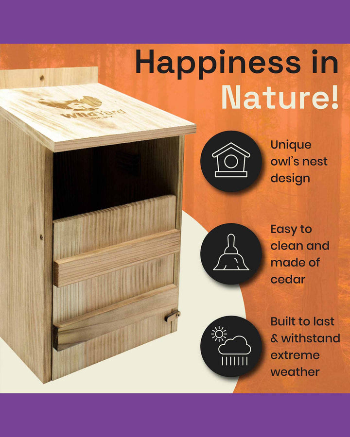 Wooden product with text about its features on an orange and purple background