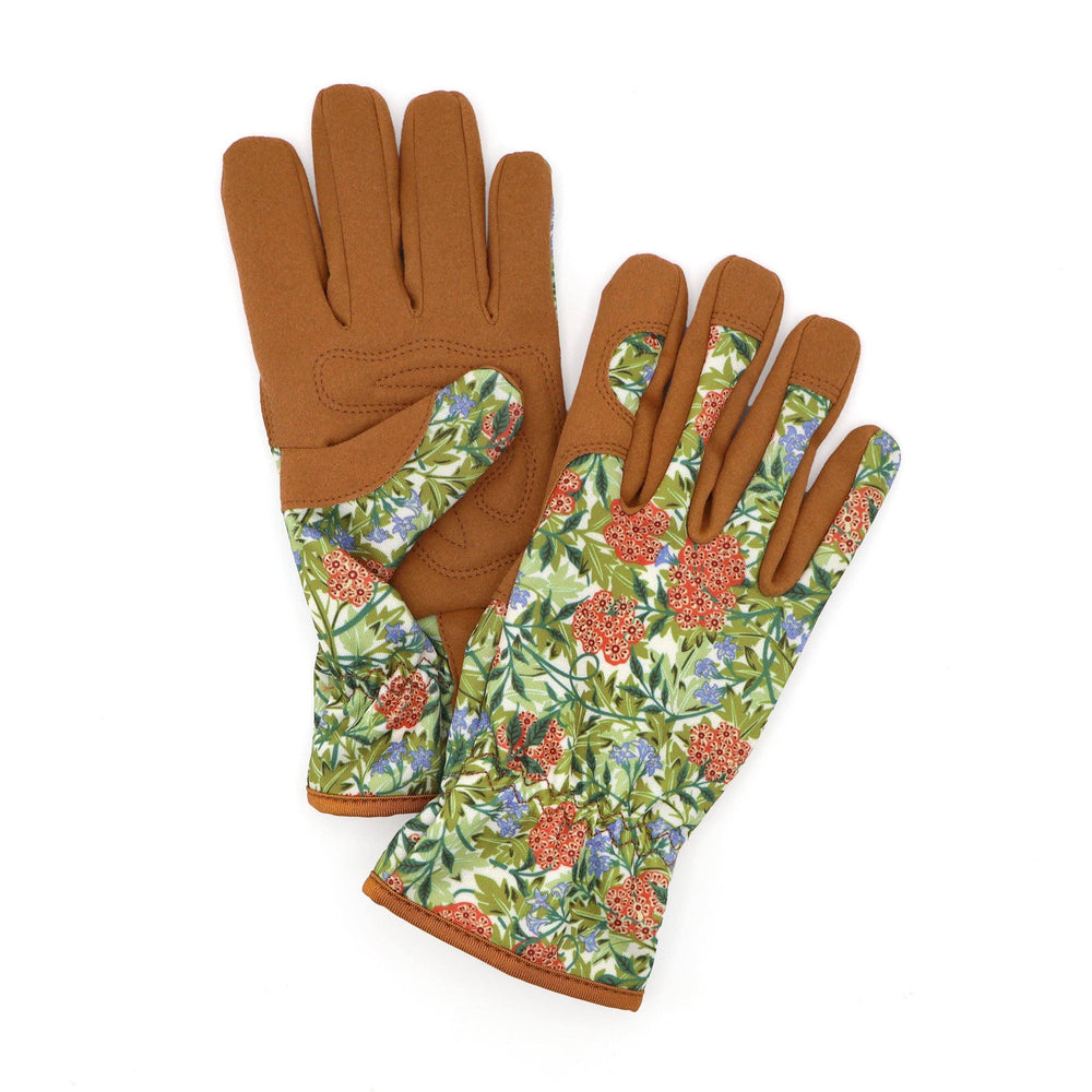 Pair of gardening gloves with floral pattern on a white background
