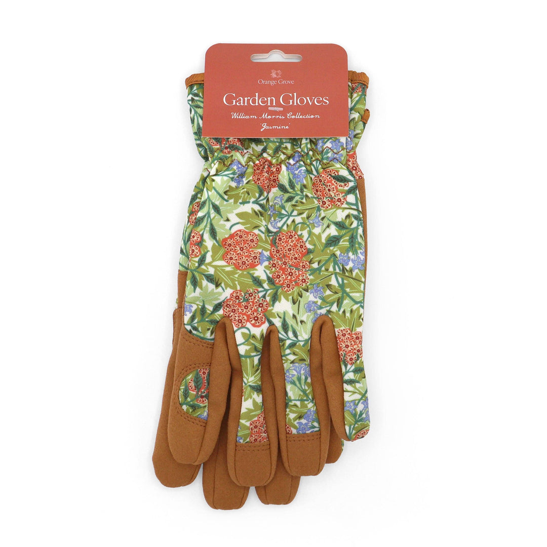 Pair of gardening gloves with floral pattern on a white background