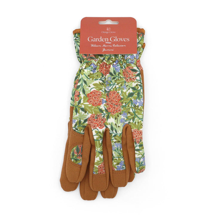 Pair of gardening gloves with floral pattern on a white background