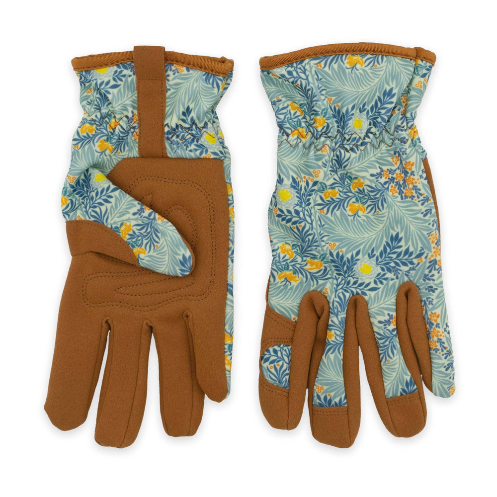 Pair of gardening gloves with floral pattern on a white background