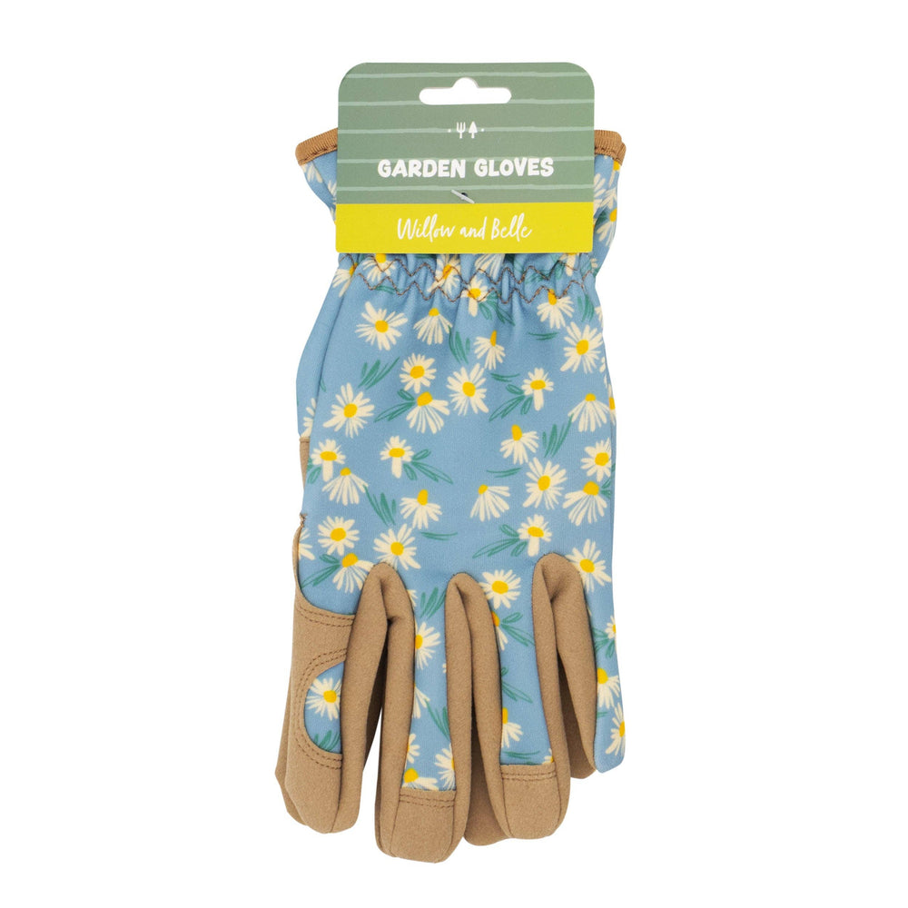 Pair of garden gloves with floral pattern on a white background