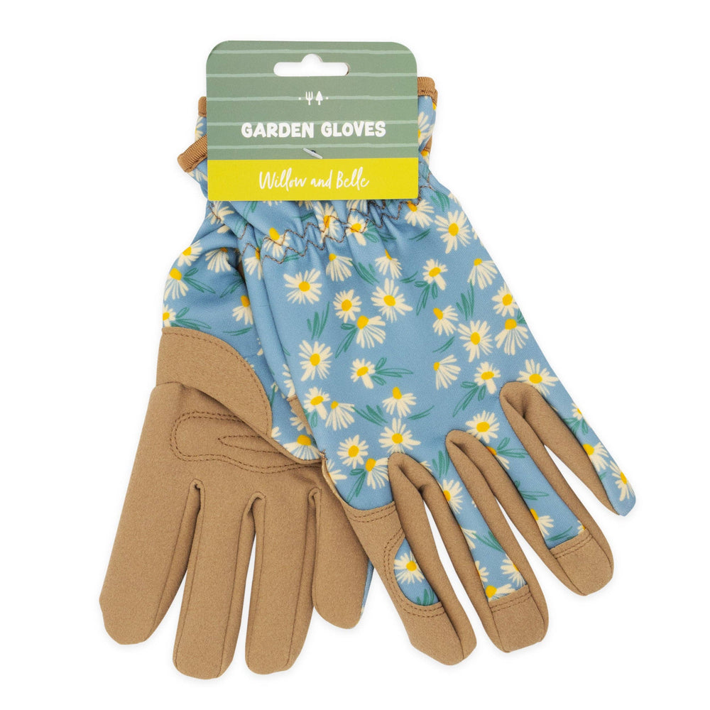 Pair of garden gloves with floral pattern on a white background