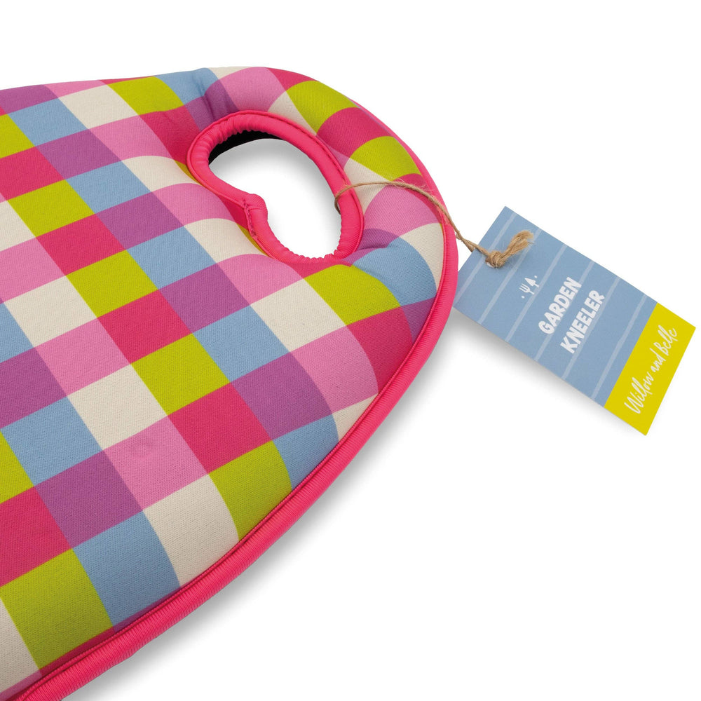 Colourful checkered knee pad with a tag on a white background