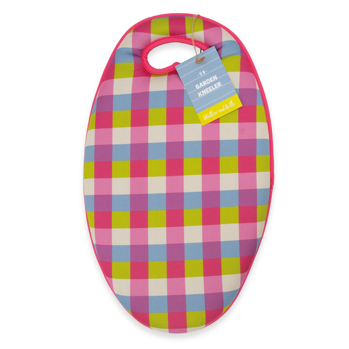 Colourful checkered kneeler with a tag on a white background