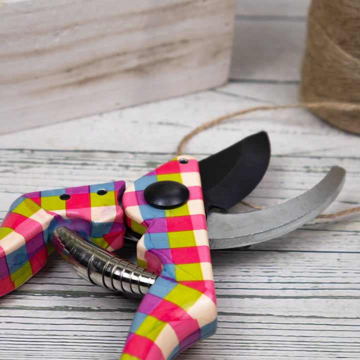 Colorful checkered pruner on a wooden surface