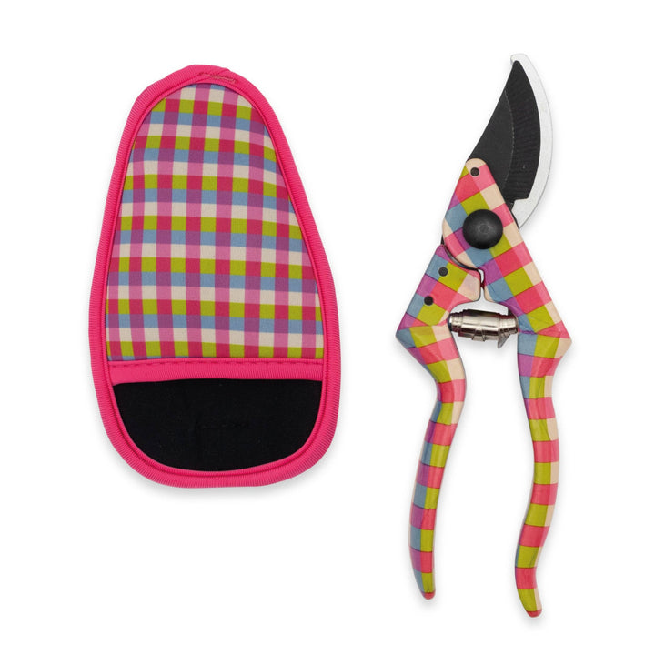 Colorful garden pruners with a matching sheath on a white background