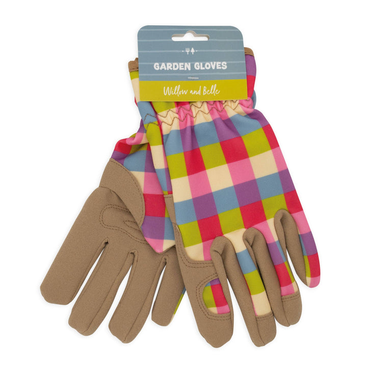 Colorful checkered garden gloves with brown accents on a white background