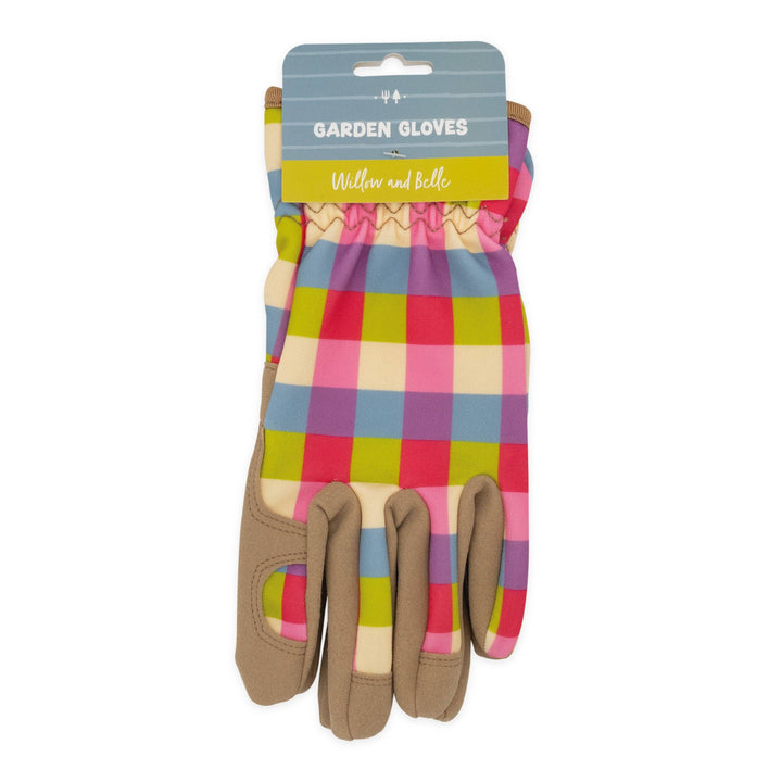 Pair of colorful checkered garden gloves on a white background