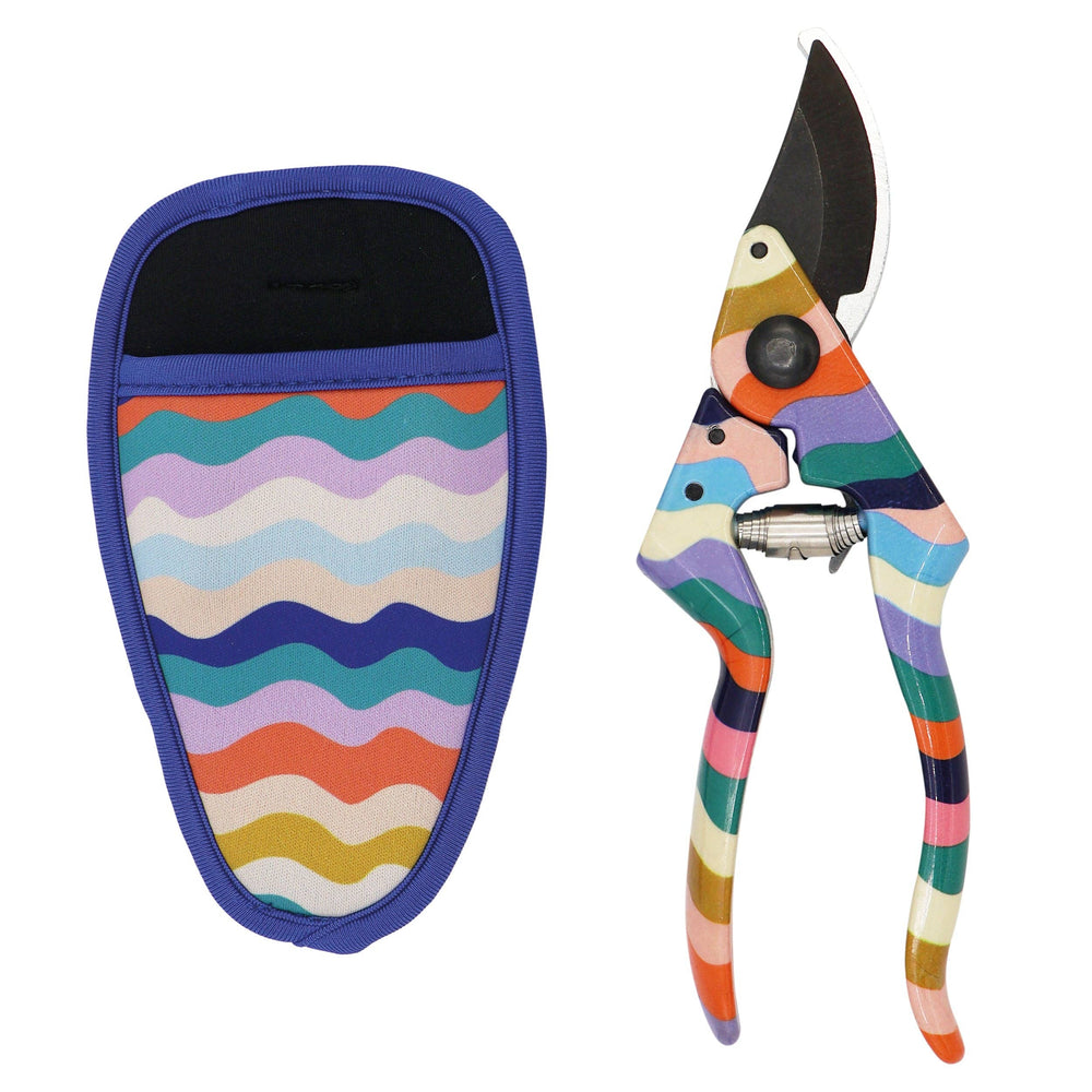 Colorful garden shears with a matching sheath on a white background