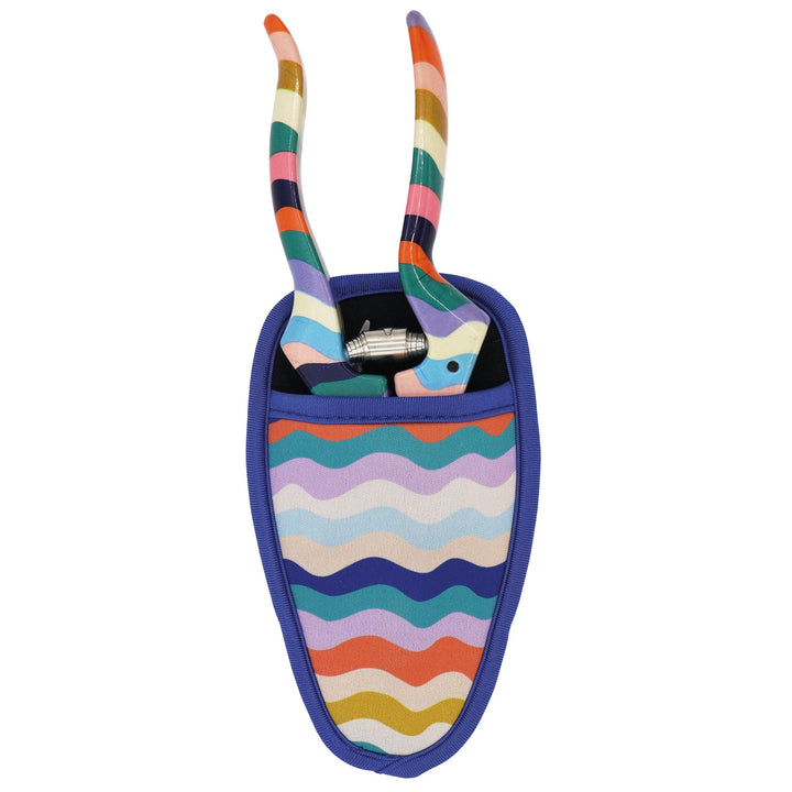 Colorful striped toy with a blue base on a white background