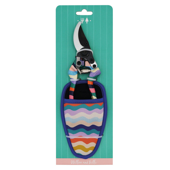 Gardening shears with colorful handle in packaging on a white background