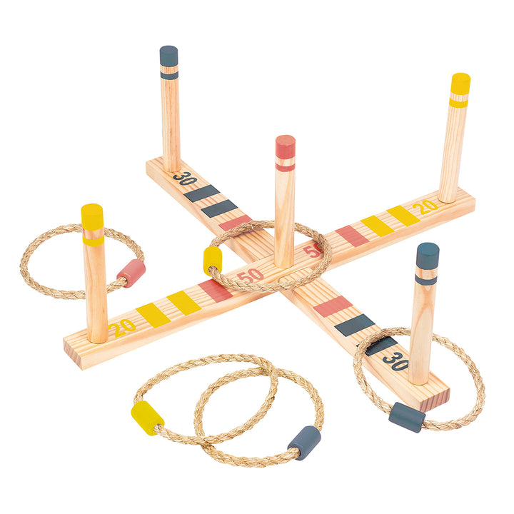 Wooden ring toss game with numbered stands and rope on a white background