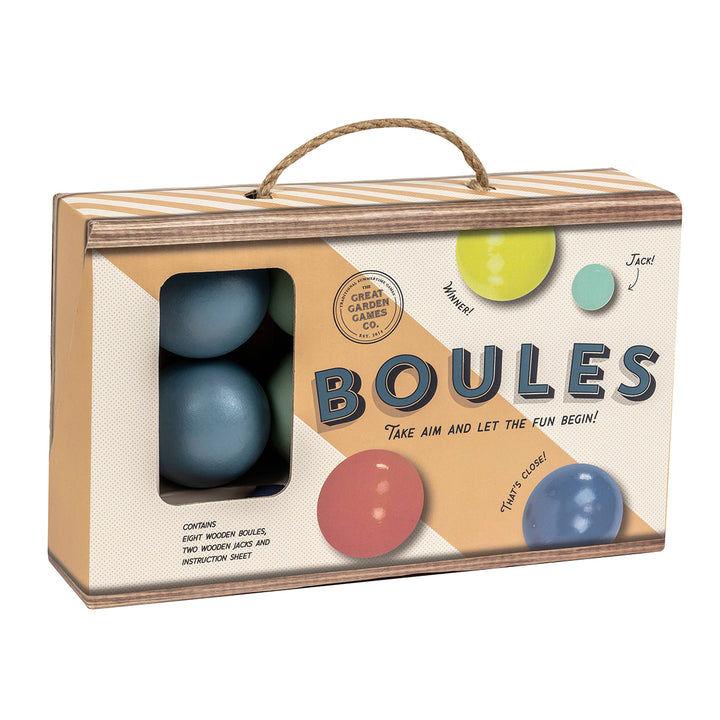 Boules game set in a box with colorful balls and wooden handles on a white background