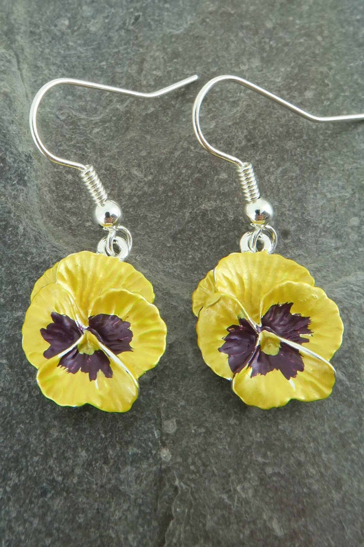 Alexander Thurlow Yellow Enamelled Pansy Flower Silver Tone Drop Hook Earrings