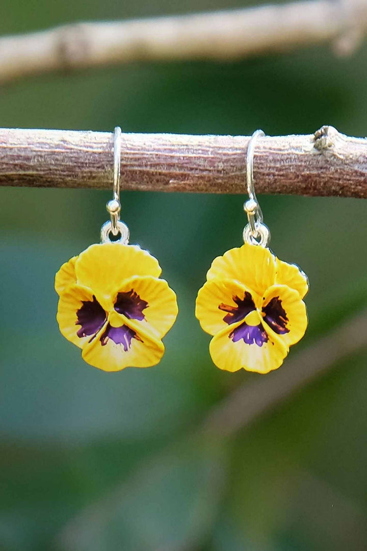 Alexander Thurlow Yellow Enamelled Pansy Flower Silver Tone Drop Hook Earrings