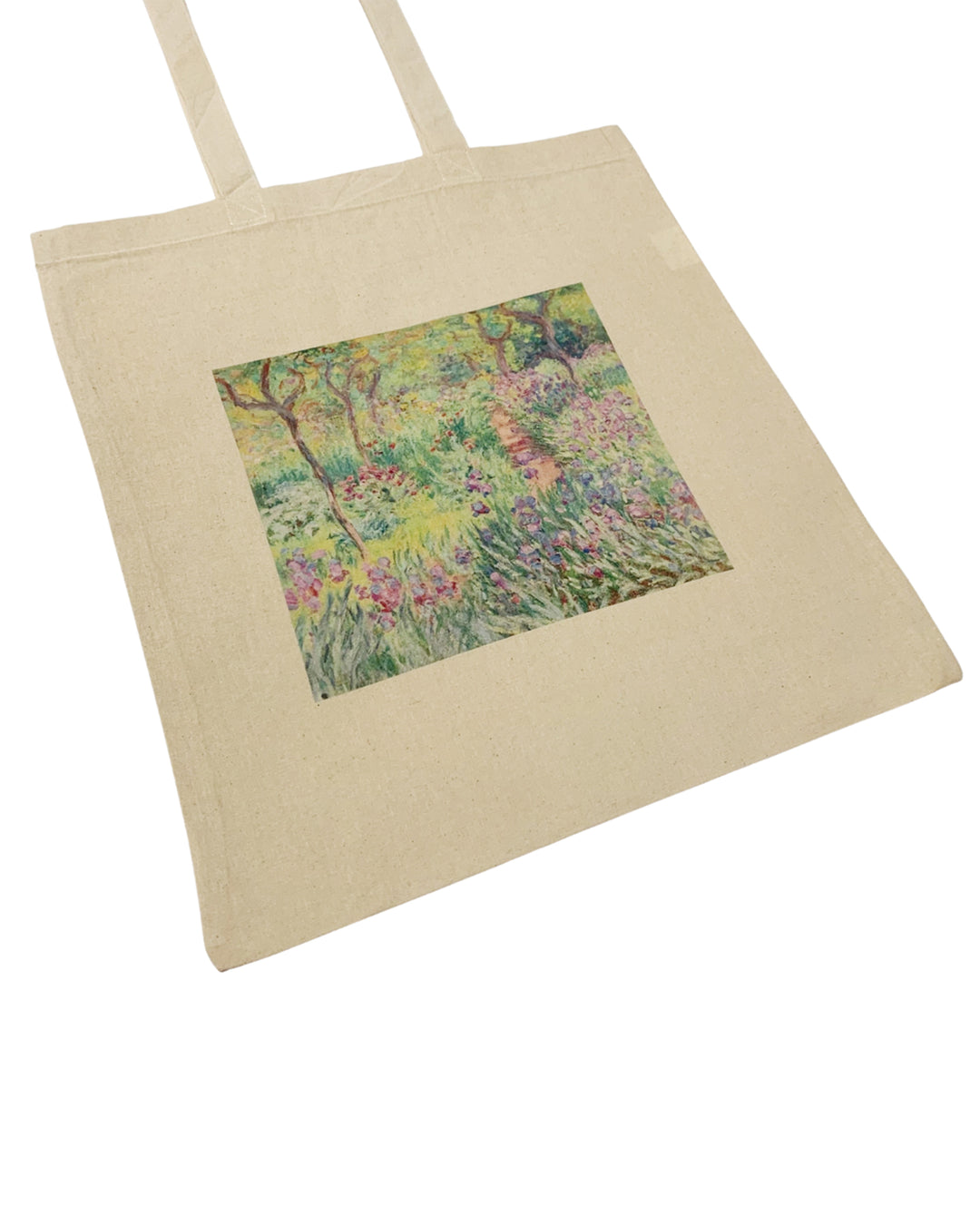 Beige tote bag with a floral design on a white background