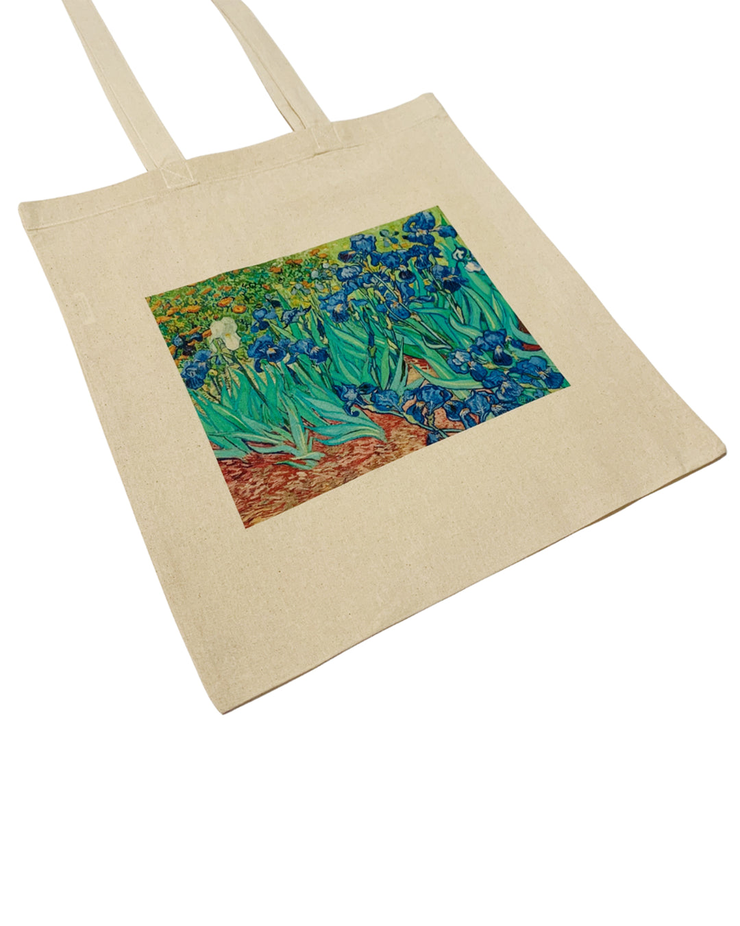 Beige tote bag with Van Gogh's 'Irises' painting on a white background