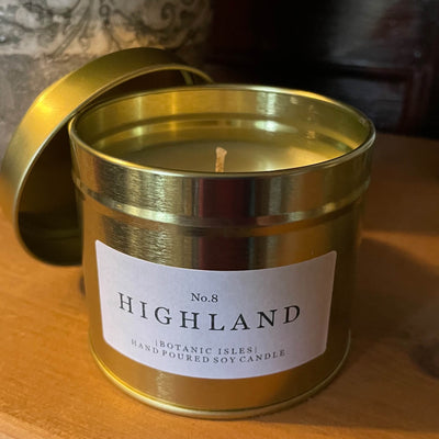 Botanic Isles No. 8 Highland Hand Poured Large Soy Candle In Gold Tin - Norman & Vera Garden Emporium
