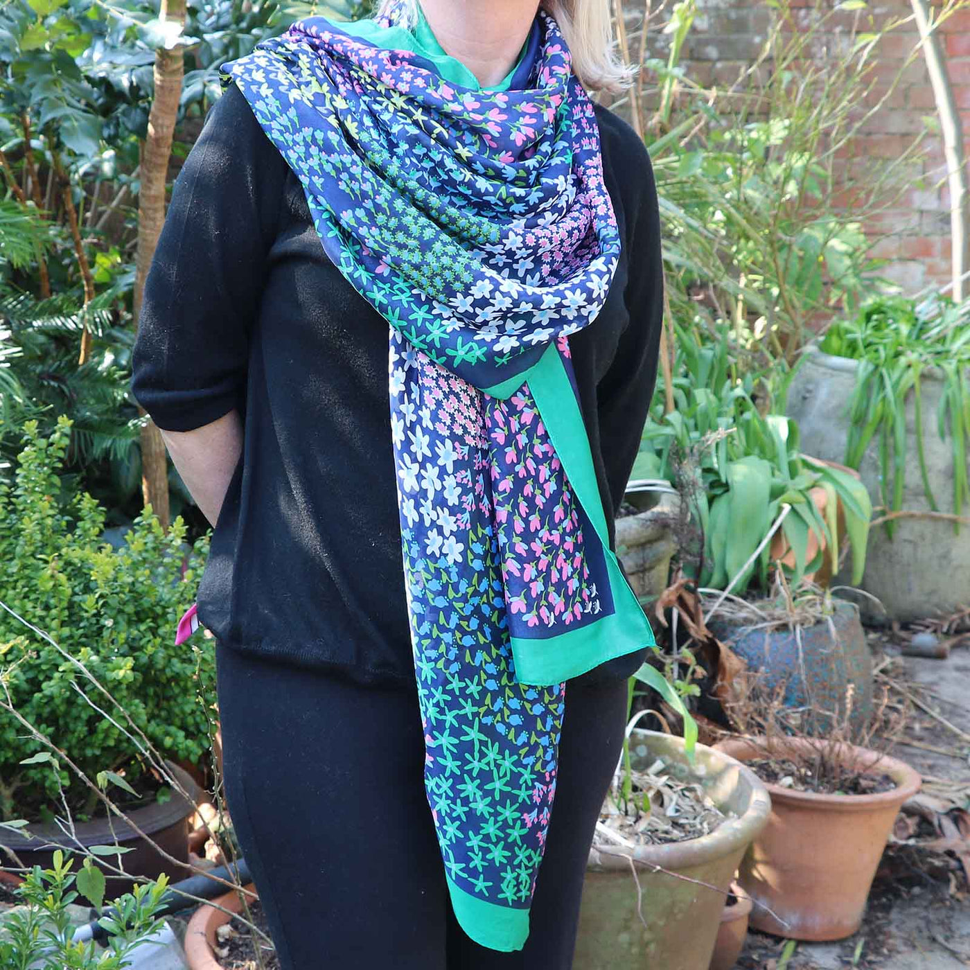 Zelly Floral Meadow Scarf Green Border 1020708 - Norman & Vera Garden Emporium
