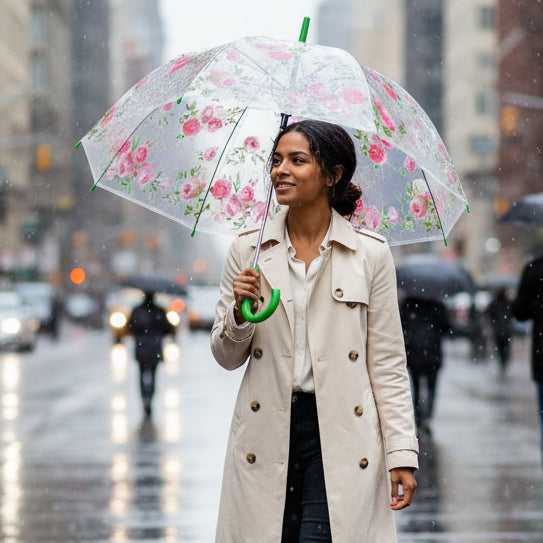 Blooms Of London Pink Roses Print Transparent Umbrella - Norman & Vera Garden Emporium