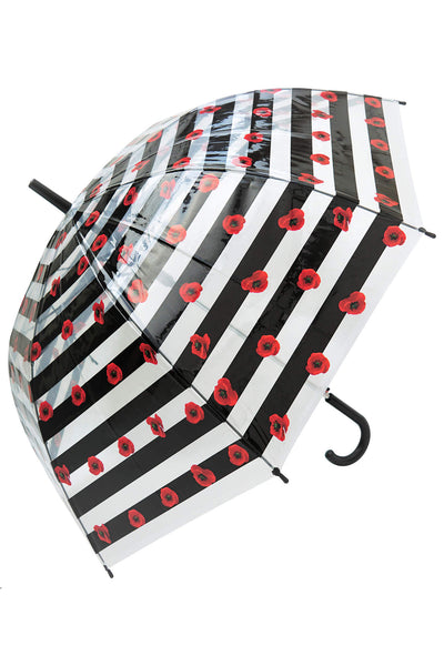 Blooms Of London Red Poppy Black Striped Transparent Umbrella - Norman & Vera Garden Emporium