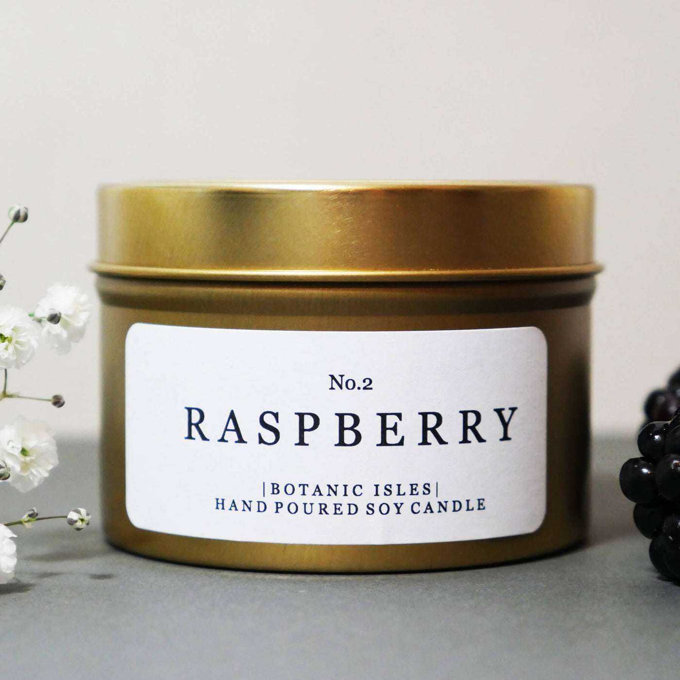 Botanic Isles No. 2 Raspberry Hand Poured Soy Candle In Gold Tin - Norman & Vera Garden Emporium