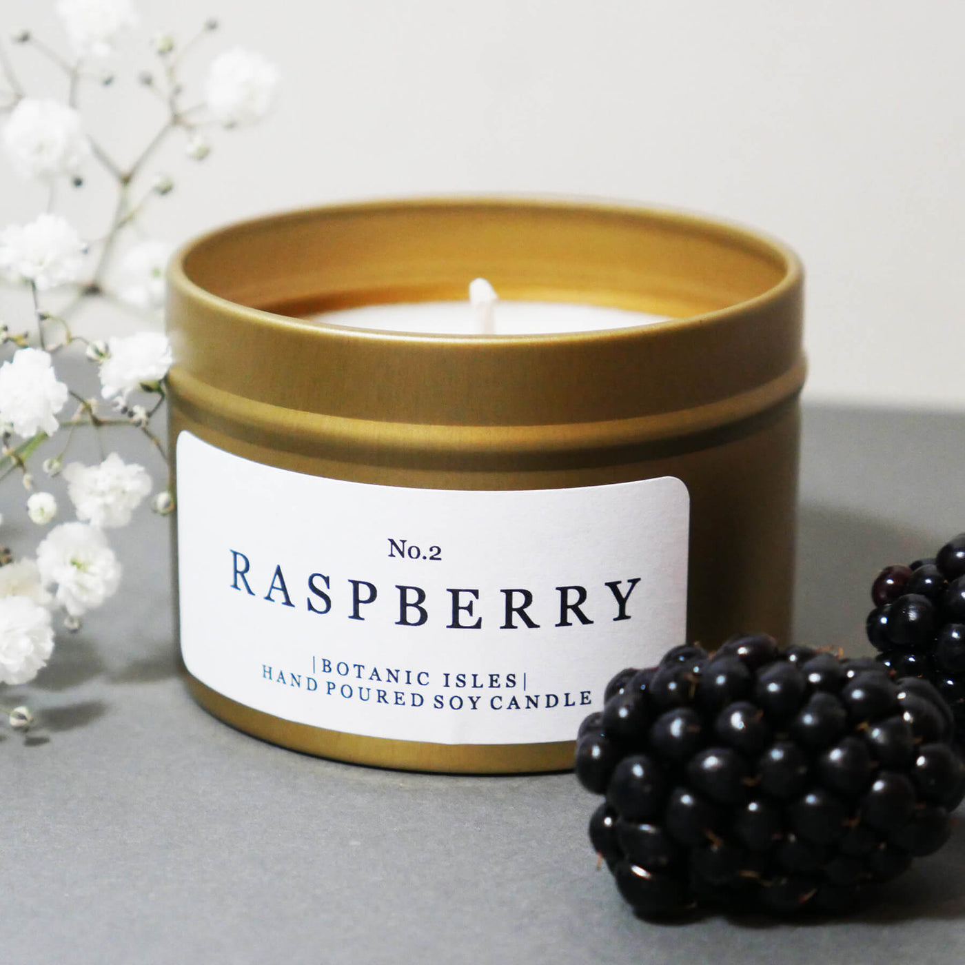 Botanic Isles No. 2 Raspberry Hand Poured Soy Candle In Gold Tin - Norman & Vera Garden Emporium