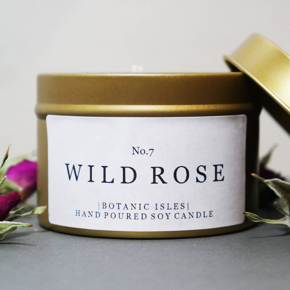 Botanic Isles No. 7 Wild Rose Hand Poured Soy Candle In Gold Tin - Norman & Vera Garden Emporium