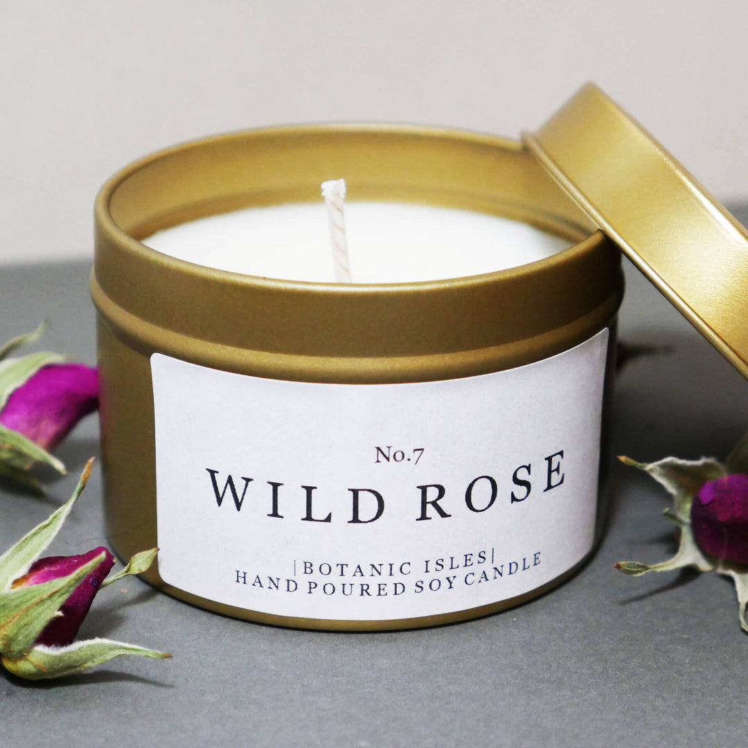 Botanic Isles No. 7 Wild Rose Hand Poured Soy Candle In Gold Tin - Norman & Vera Garden Emporium
